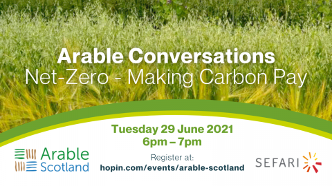 Publicity image for Arable Conversations: Net-Zero - Making Carbon Pay, on 29 June 2021, 6 pm. Register at https://hopin.com/events/arable-scotland.